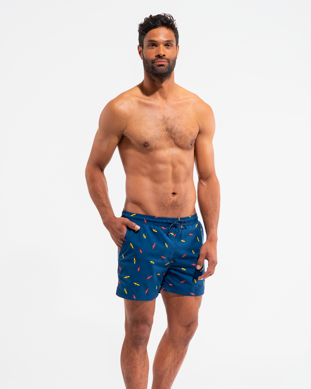 A-dam's blue swim shorts with canoes from recycled plastic bottles | A-dam